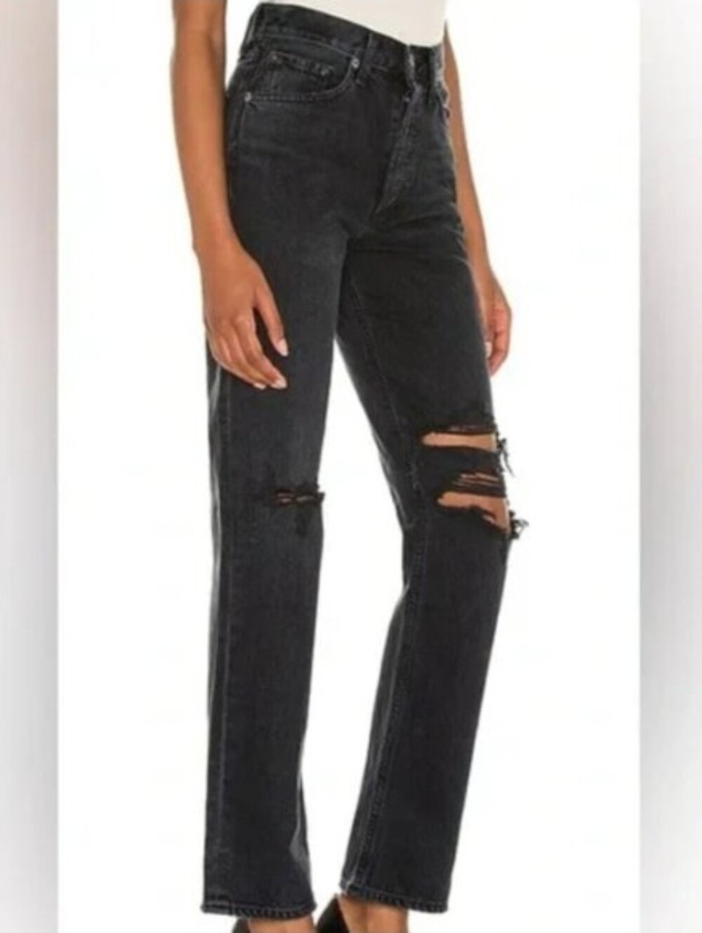 AGOLDE Lana Mid Rise Vintage Straight Jeans Black Distressed Size 23 EUC